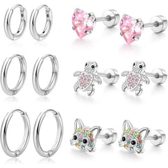 1/6 Pairs Hypoallergenic Screw Back Earrings, Flat Back Earrings Hoops Cat Turtle Cartilage Helix Tr