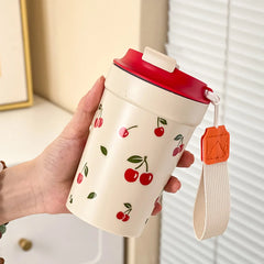 350/400ML Plastic Coffee Mug With Cherry Pattern Travel Portable Water Bottle Tumbler Se detail view