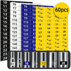 60pcs Mechanical Drive Socket Label Stickers | Quick and Easy Reminder Toolbox Decals alternate view