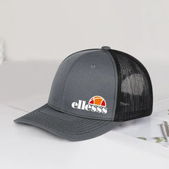 Breathable Mesh Trucker Hat with Ellessss Print | Adjustable Snapback for Outdoor Sun close-up view