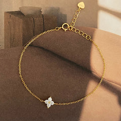 Four Leaf Clover Cubic Zirconia Bracelet | Trendy Chain Link Bracelet for Women close-up view