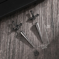 Gothic Kinitial Sword Earrings Vintage Cool Punk Crystal Ear Jacket Goth Dagger Earrin close-up view