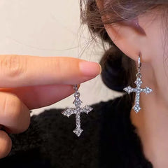 Korean Sliver Color Zircon Cross-Shape Drop Earrings | Punk Hip Hop Crystal Pendant Earr detail view