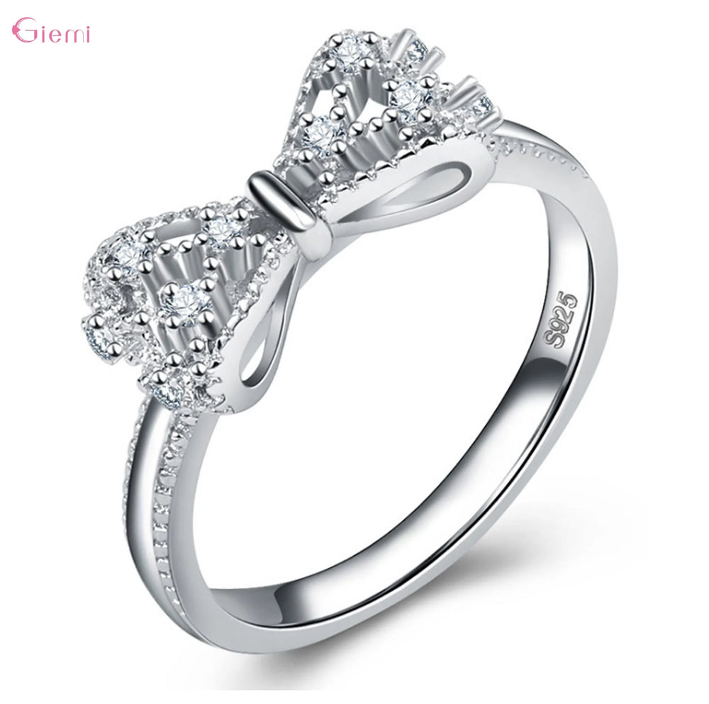 925 Sterling Silver Bowknot Bow Knot Cubic Zirconia Rhinestone Rings For Women Fashion Trendy Weddin