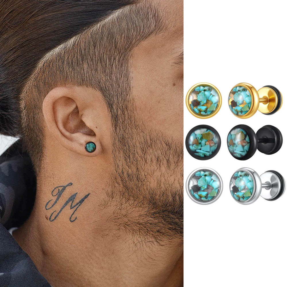 Natural Stone Stud Earrings for Men Boys,Stainless Steel Plated Round Small Earring,Stylish Jewelry
