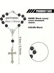 Black Rosary Cross Car Rearview Mirror Pendant, Exquisite Beaded Ornament, Car Interio close-up view