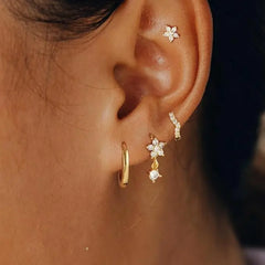 3Pcs Double Crystal Tragus Earring Floral Set Cartilage Helix Stud Earrings Bulk Lobe close-up view