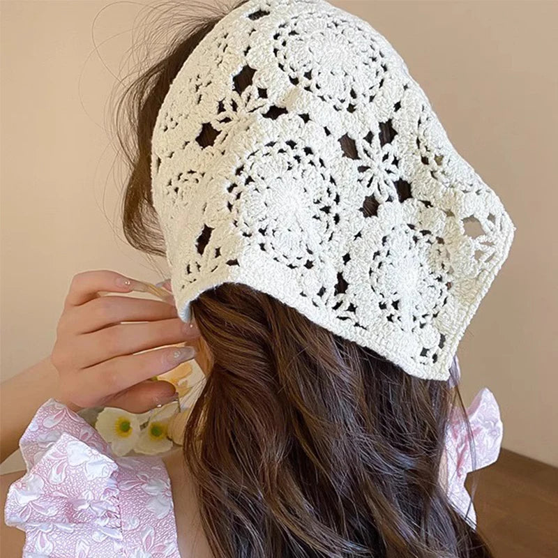 Lace Hollow Out Triangle Hair Scarf Headband Women Girls Cotton Knitted Flower Headbands Summer Trav