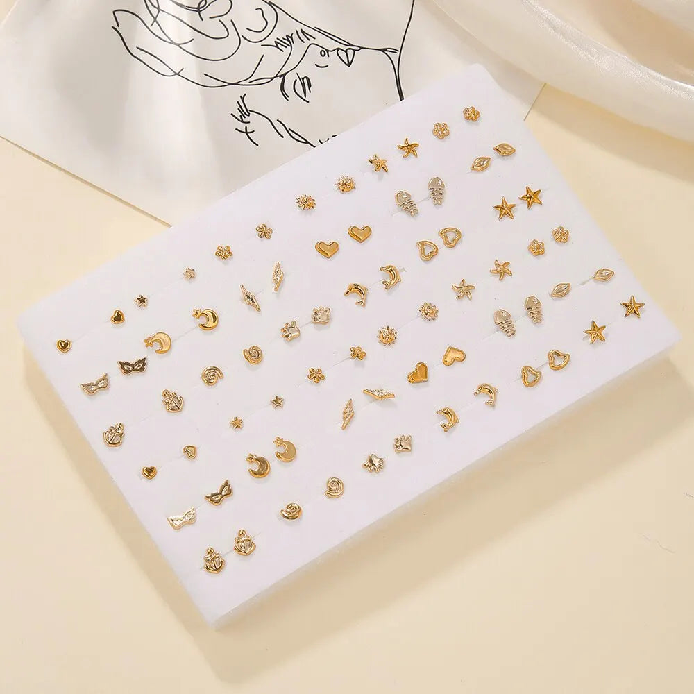 Fashion Geometric 36 Pairs/Lot Mixed Styles Small Stud Earrings For Women Lady Starfish Dolphins Moo