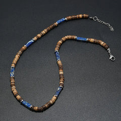 Vintage Boho Natural Stone Necklace for Couples | Brown Coconut Shell Bead Choker close-up view