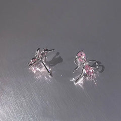 925 Sterling Silver Bow Pink Zircon Stud Earrings | Women's Wedding Fine Jewelry close-up view