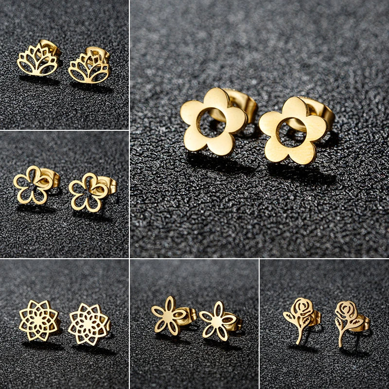 Multiple Stainless Steel Flower Stud Earrings Women Korean Daisy Mandala Rose Lotus Earings Piercing