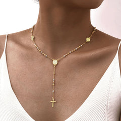 Prjewel Stainless Steel Three-Color Beaded Cross Pendant Y-Necklace | Faith-Inspired Fashion Jewelry