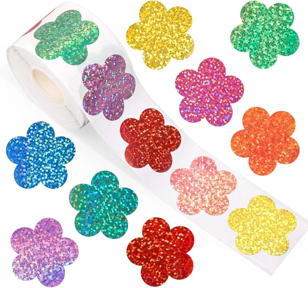 500pcs Laser Flower Sticker Roll Cute Flower Shape Sealing Sticker Color Waterproof Self-adhesive St