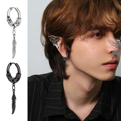 2Pcs Fashion Stainless Steel Feather Leaf Coil Earrings Punk Rock Hoop Stud Earrings alternate view