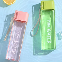 minimalist square plastic water cup, leak proof, with drawstring and lid, portable sport detail view