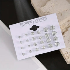 12 Pairs Set Stainless Steel Silver Color CZ Stud Earrings with Gemstone Buds Round Ea close-up view