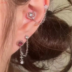 Double Ear Hole Ear Bone Chain Earrings | Sweet Cool Y2K Dazzle Color Jewelry close-up view