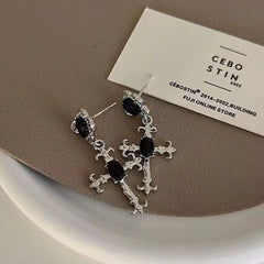 Yupsk Punk Fashion Black Crystal Stone Cross Drill Drop Earring for Women Girls Hallow close-up view