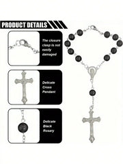 Black Rosary Cross Car Rearview Mirror Pendant, Exquisite Beaded Ornament, Car Interi alternate view