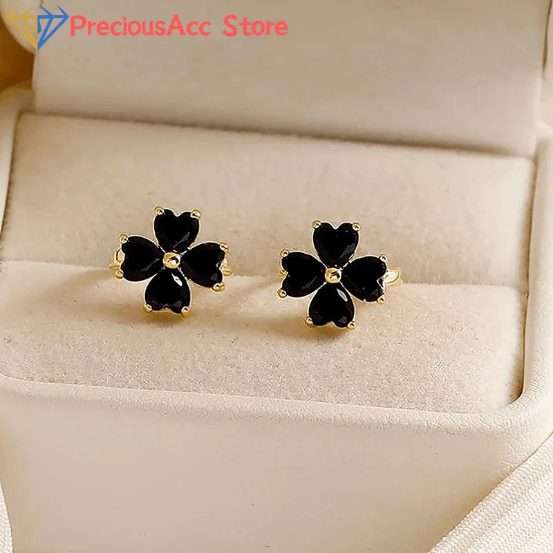 Fashion Black Mini Four-Leaf Flower Stud Earrings Women Jewelry Party Accessories Gifts