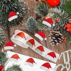 500Pcs Christmas Hat Stickers Roll | Laser Red Santa Hat Seal Stickers for Envelopes and detail view