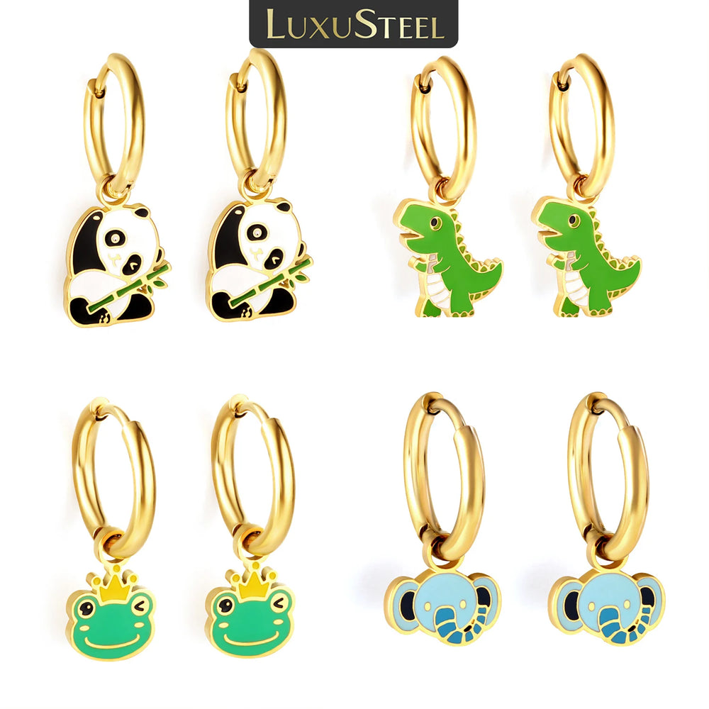 LUXUSTEEL Golden Animal style Women's Hoop Earrings Stainless Steel Earring Panda Dinosaur Elephant