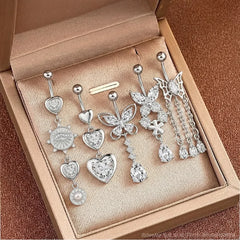 14G Crystal Heart Butterfly Dangle Belly Button Rings CZ Zircon Drop Navel Barbell Be alternate view
