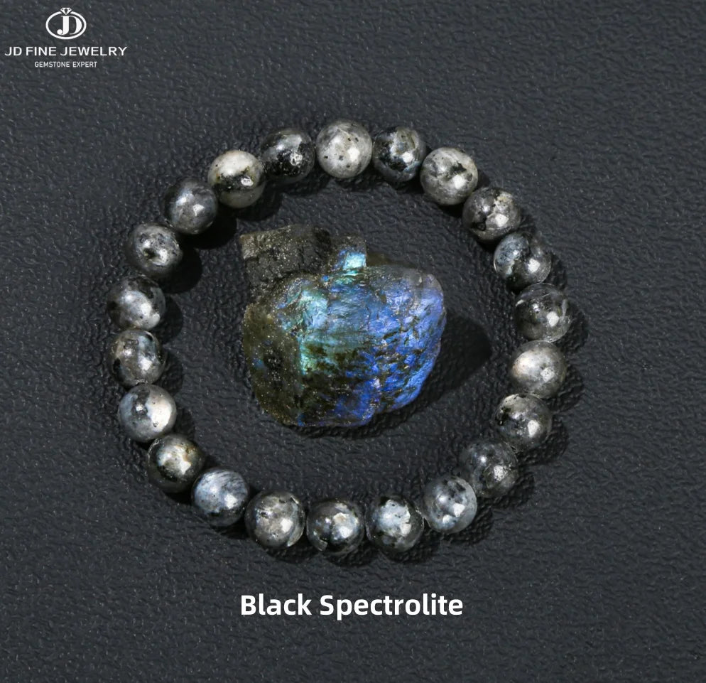 JD Natural Black Spectrolite Flash Smooth Beaded Bracelet Women Men 6 8 10mm Labradorite Stone Stret