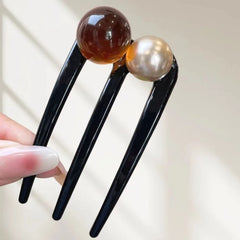 U-Shaped Hairpins French Twist Pearl Beads Hair Stick Hair Clip Acetate Vintage Tortoise Shell Women Hair Bun Pins Headwear Blac