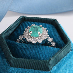 925 Silver Plated Luxurious Paraiba Sapphire Oval Full Diamond Couple Ring For Women alternate view