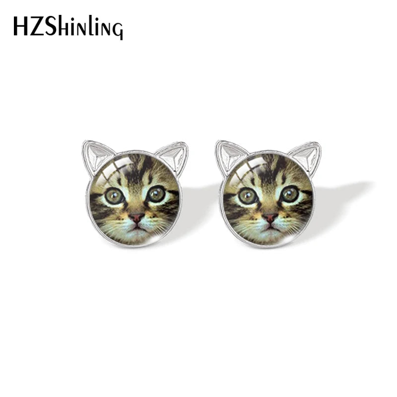 Lovely Cat Face Stud Earrings | Handmade Glass Dome Photo Printed Jewelry for Women