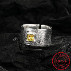 Real 925 Sterling Silver Square Citrine Gemstone Frosted Wide Opening Ring For Women W close-up view