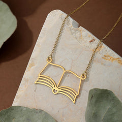 Kinitial Reading Lover Books Pendant Necklace For Women Stainless Steel Bookworm Stude close-up view