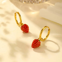Women's Sweet Strawberry Drop Earrings,Gold Plated Stainless Steel Hoop Earrings for G close-up view