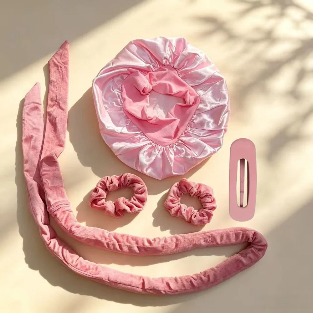 Velvet Heatless Hair Curlers Headband Kit No Heat Curls Tool + Satin Sleep Cap + Hair Ties Hairdress