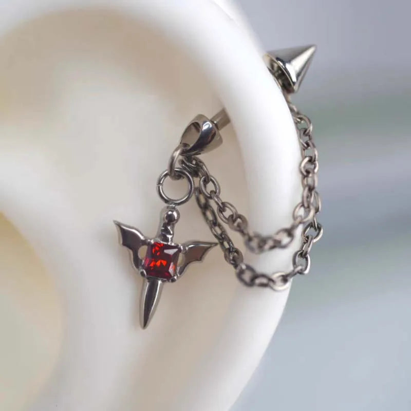 Stainless Steel Red Zircon Wing Chain Piercing Earring for Women Men Gothic Silver Color Rivet Ear B