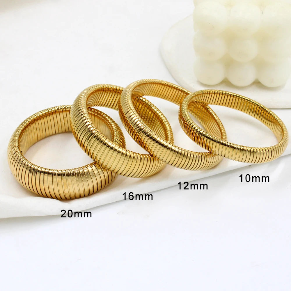 304L Stainless Steel Elastic Bracelet Women 18k Gold Plated Charm Punk Wide Chunky Metal Spiral Bang