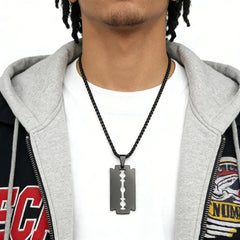 Gothic Blade Razor Pendant Necklace | Stainless Steel Black Goth Men's Chain detail view