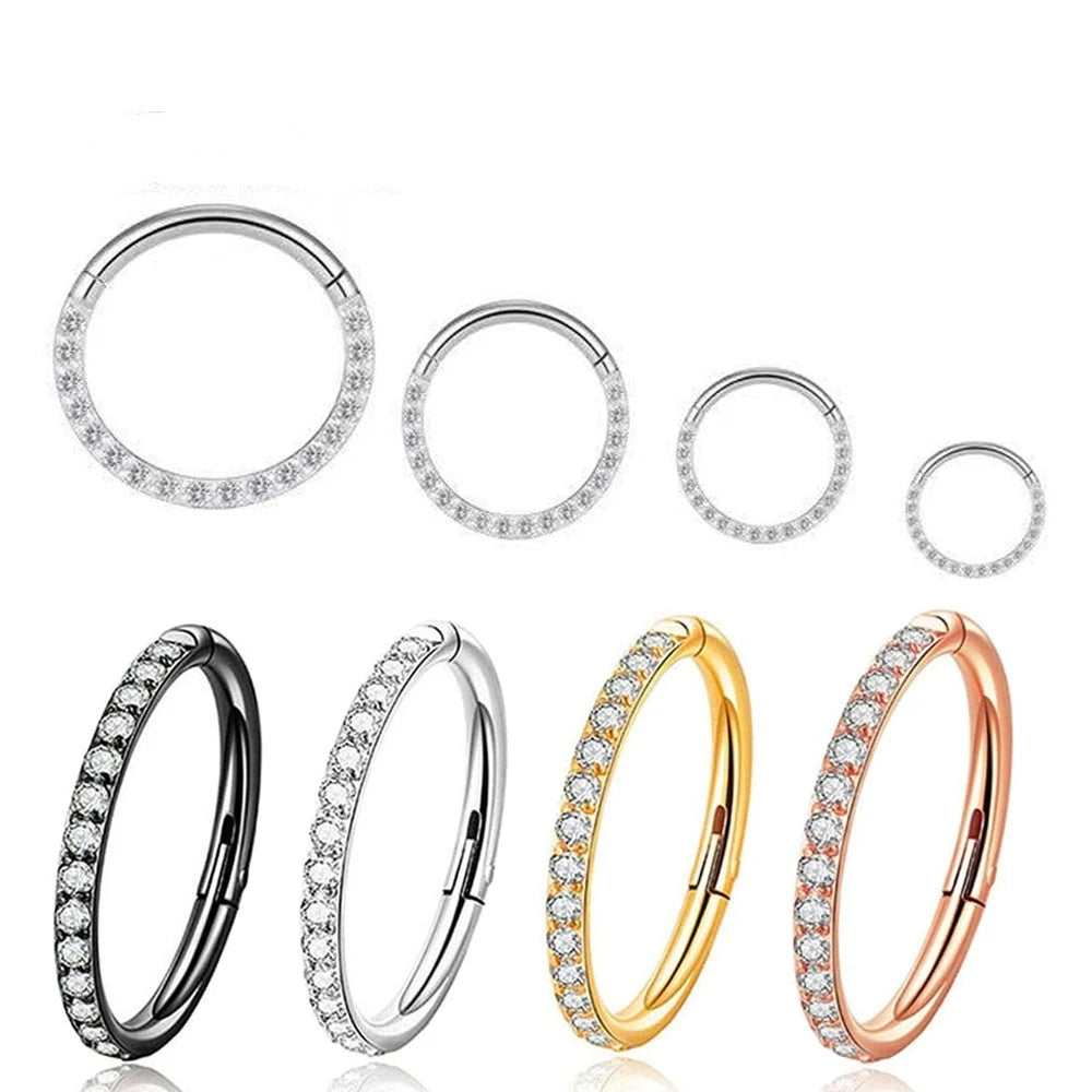 Steel Hinged Segment Hoop CZ Stone Nose Ring Nipple Clicker Ear Cartilage Tragus Helix Lip Earring P