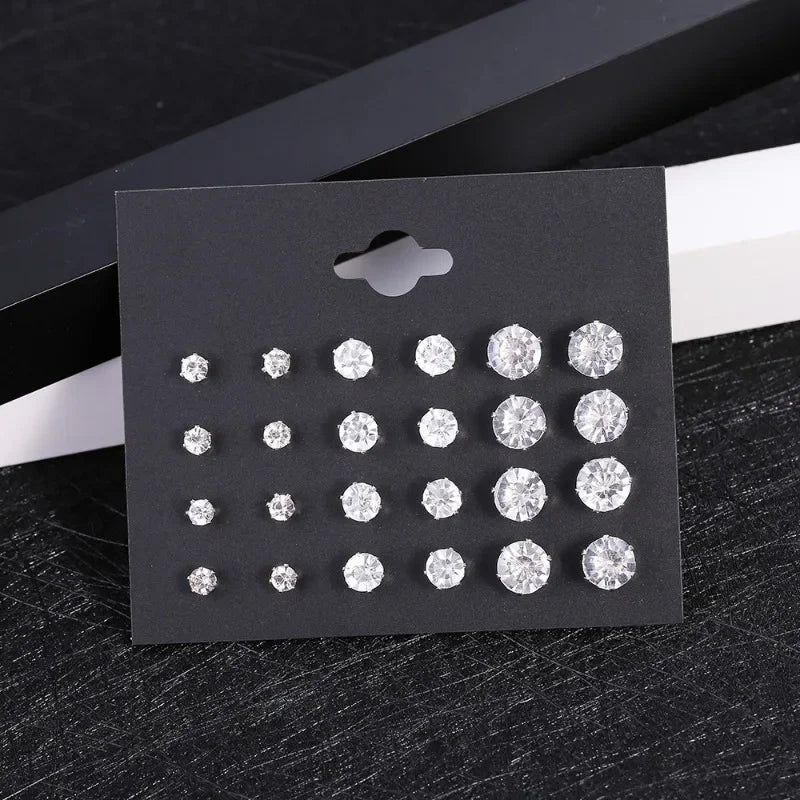 White Crystal Wedding Stud Earrings for Women Men 12 Pair