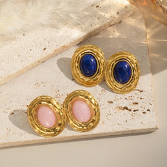 Vintage Oval Stud Earrings | 18K Gold Plated Stainless Steel Natural Stone Jewelry close-up view