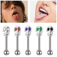 Tongue Rings Stainless Steel 316L, 5 Color Diamond Encrusted Skull Piercing Jewelry