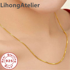 New 925 Sterling Silver Necklace 1mm Box Venetian Necklace Gold Plating Suitable For W close-up view
