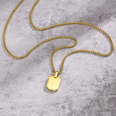 Engrave Square Necklace Personalized Tag ID Pendant, Stainless Steel Gold Plated Jewel close-up view