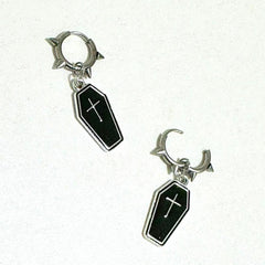 Gothic Coffin Cross Hoop Earrings | Punk Grunge Jewelry for Women detail view