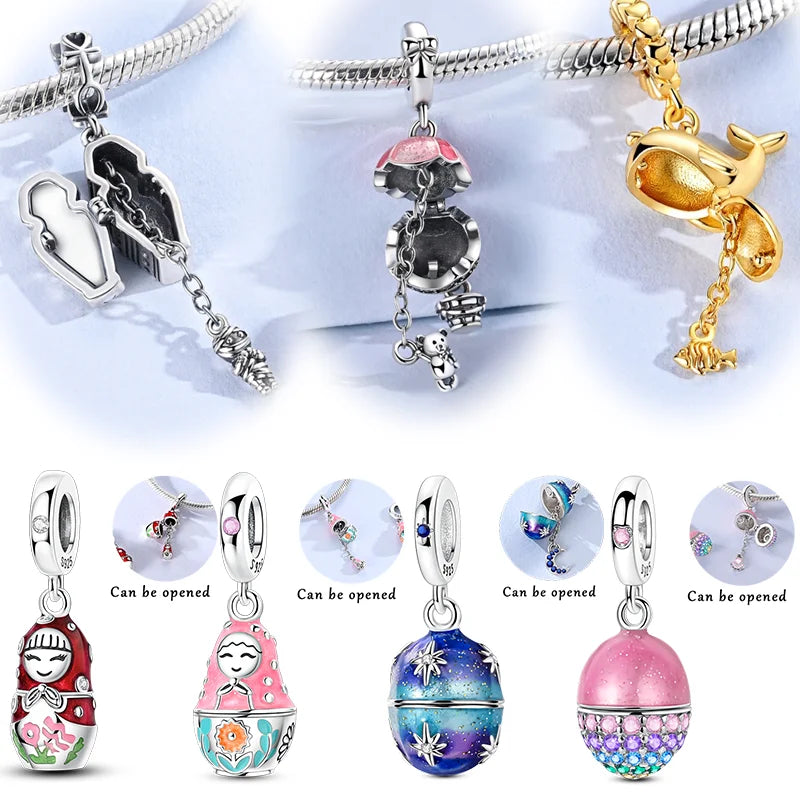 New 925 Sterling Silver Openable Charm Beads Matryoshka Mummy Easter Egg Whale Pendant For Original