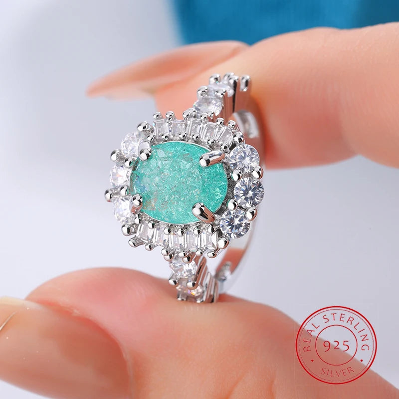 925 Silver Plated Luxurious Paraiba Sapphire Oval Full Diamond Couple Ring For Women Eometric Zircon