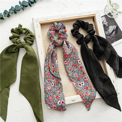 Fashion Leopard Print Bow Satin Long Ribbon Ponytail Scarf Hair Tie Scrunchies Women Gir detail view