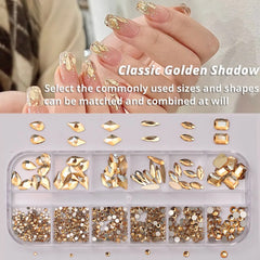 12 Grids Golden Shadow Flatback Rhinestones Glitter Nail Charms Crystal Diamond Nail A close-up view